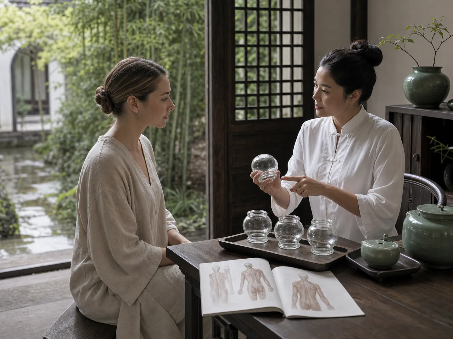 International guest discussing a traditional Chinese wellness experience with a Chinese practitioner