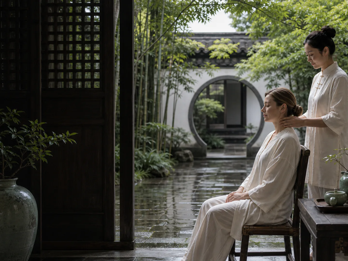 International guest meeting a Chinese wellness practitioner in a calm courtyard studio