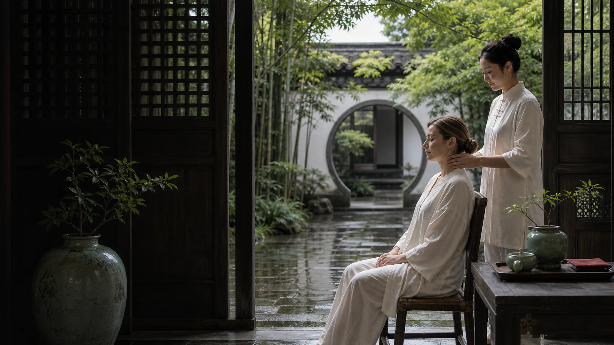 International guest with a Chinese wellness practitioner in a Jiangnan courtyard