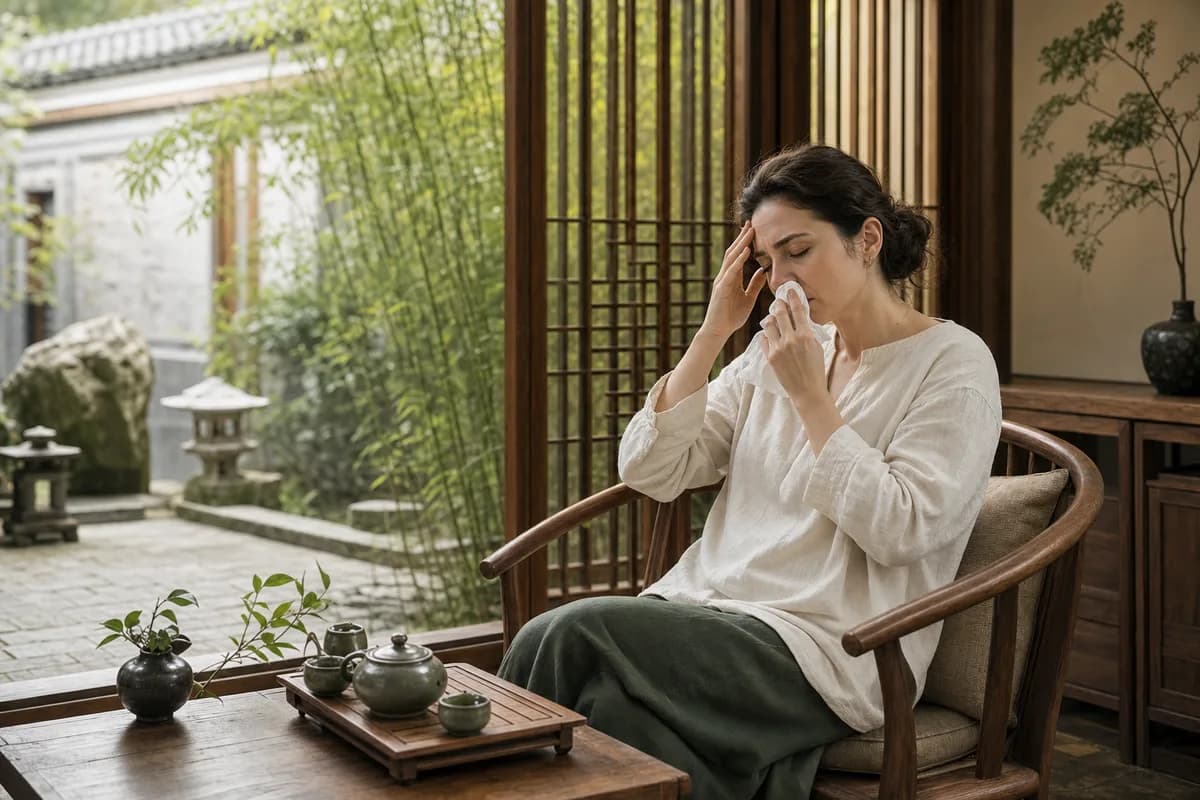 International visitor with headache and runny nose in a Chinese courtyard wellness room
