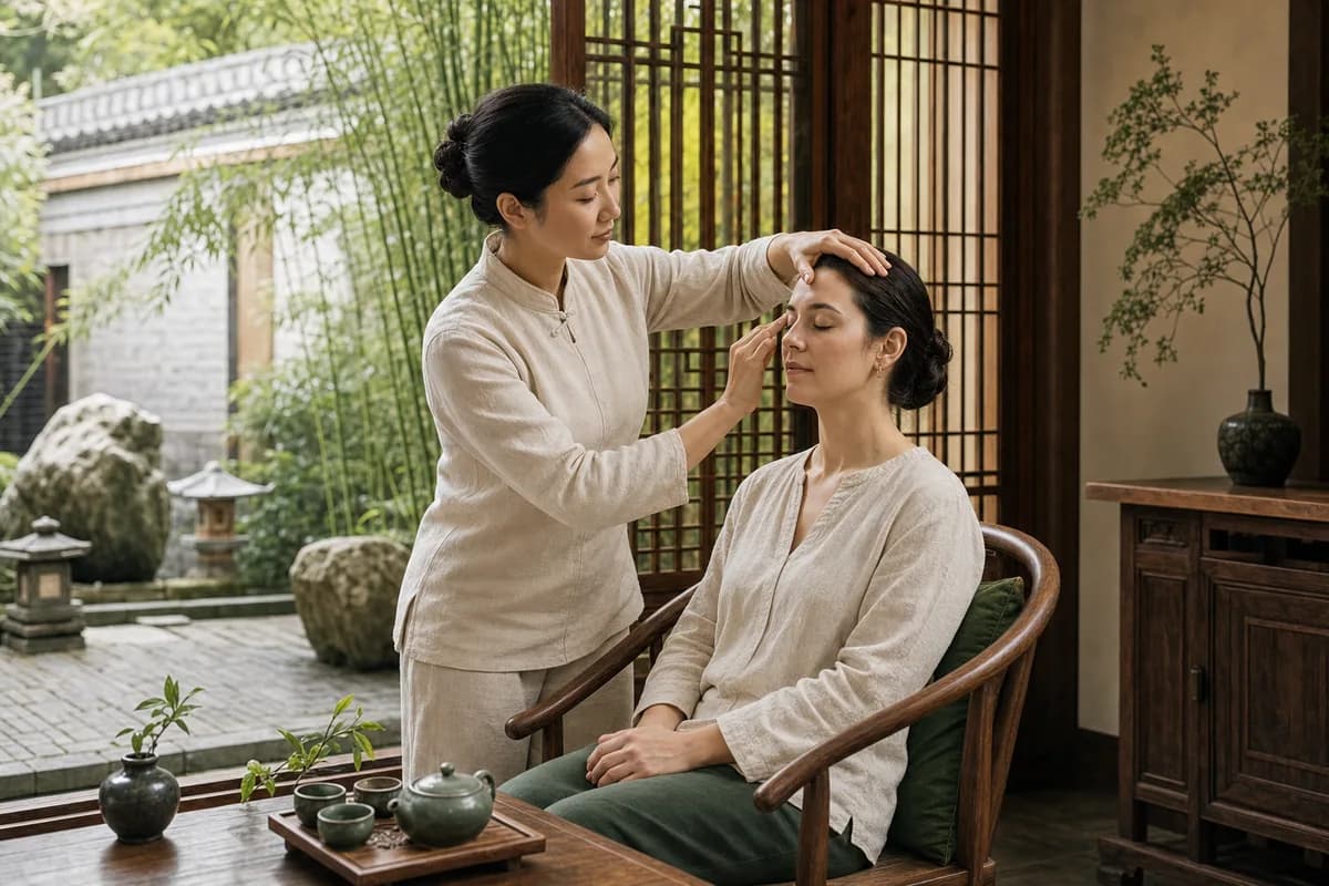 Quiet Chinese courtyard acupressure guidance for migraine comfort