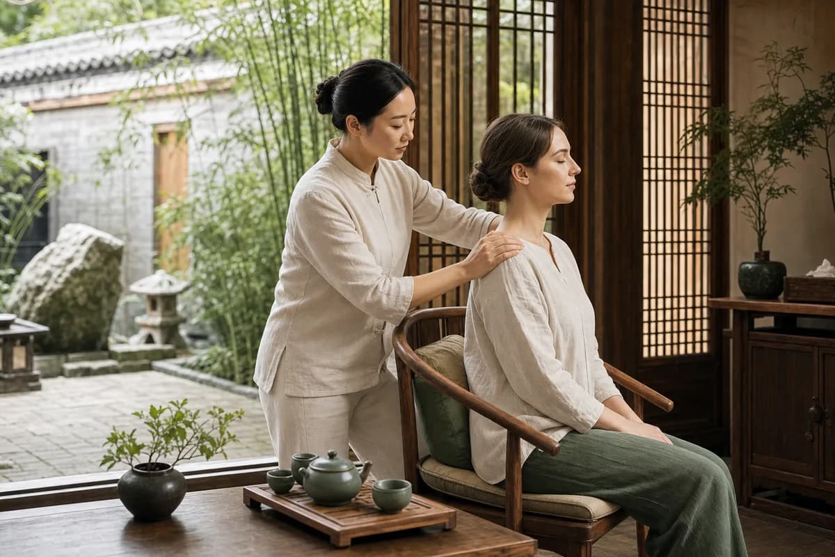 Chinese courtyard tuina-style shoulder support for pain and discomfort