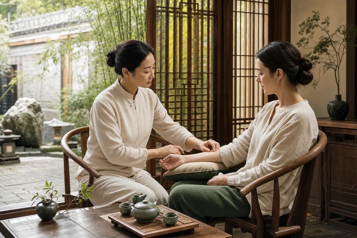 Chinese courtyard acupressure consultation for stress and anxiety comfort